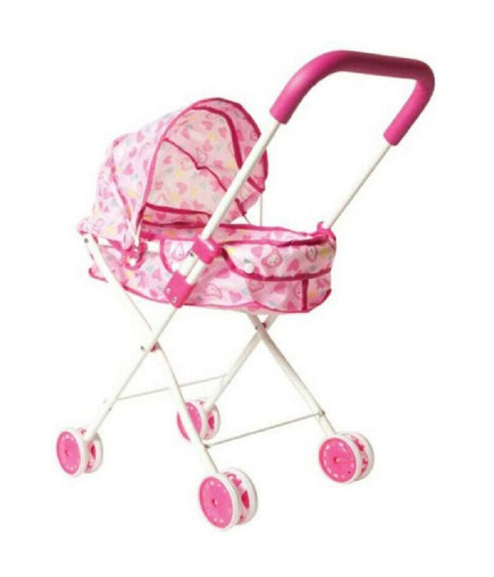 Passeggino Per Bambole Con Cappottina Carrozzina Richiudibile 4 Ruote         