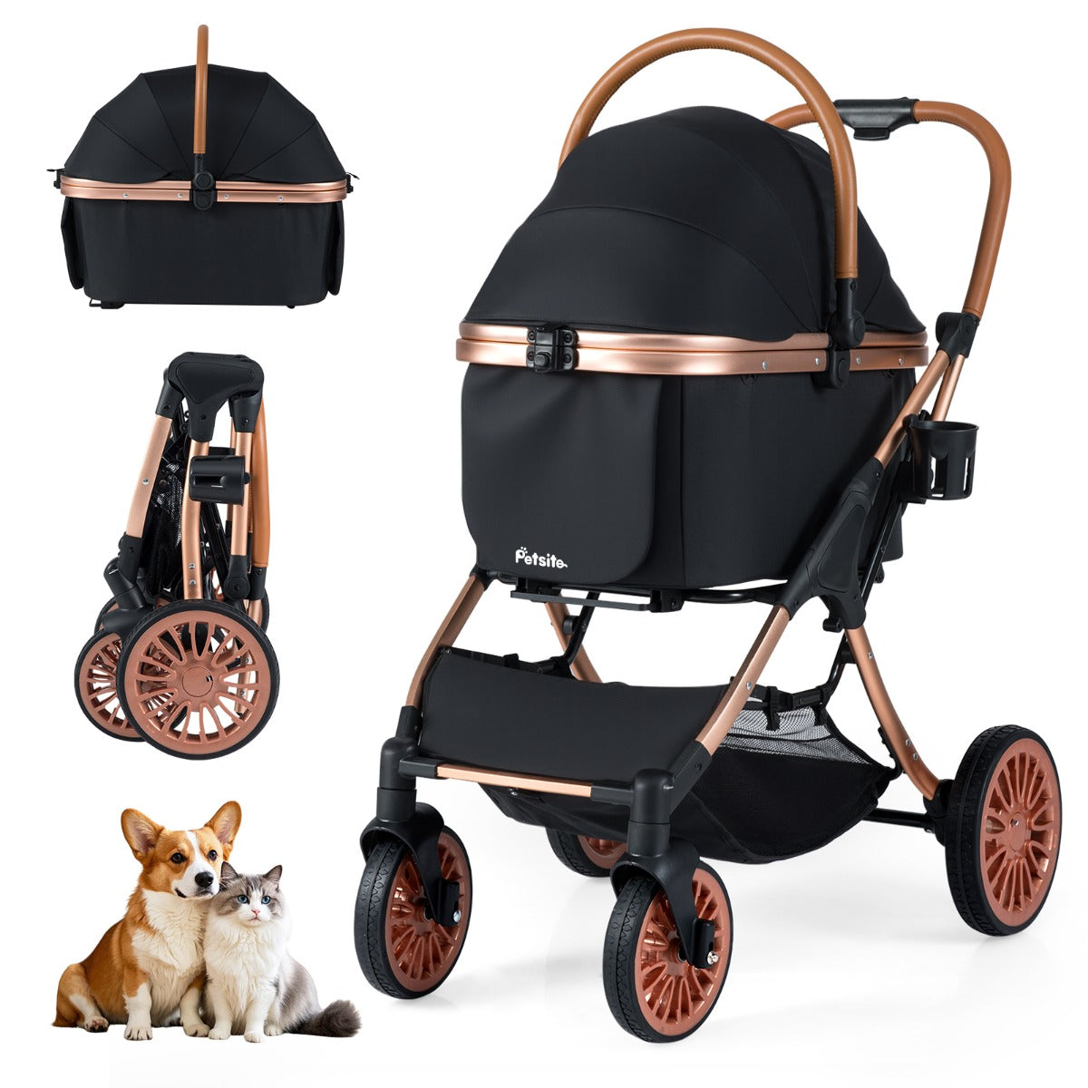 Passeggino animali pieghevole 3 in 1 con portapacchi rimovibile, Passeggino animali tettuccio cuscino rimovibile Nero-Giochi e accessori per cani