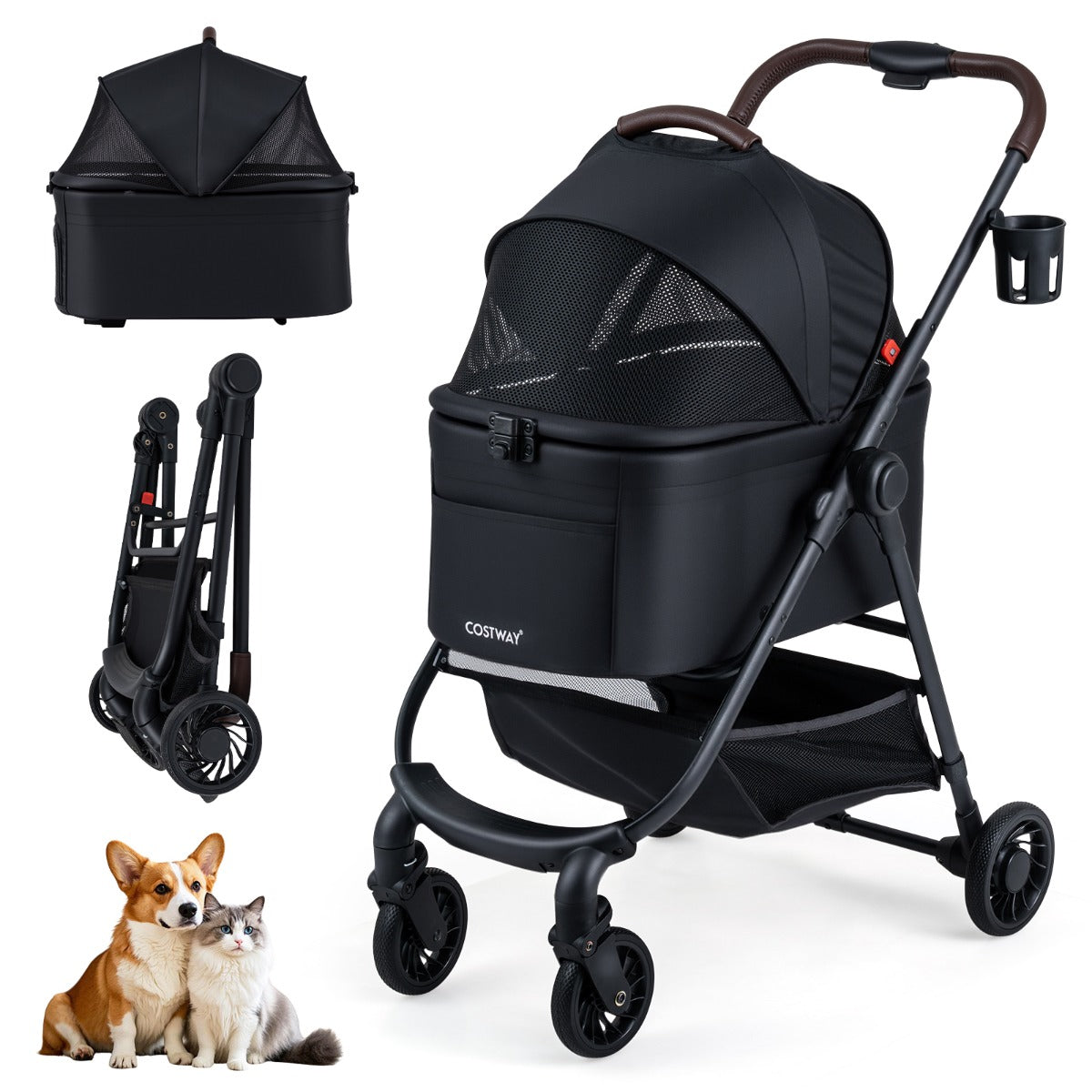 Passeggino animali domestici 3-in-1 portaprotetto tetto rete, Passeggino animali cesto portaoggetti sicurezza Nero-Giochi e accessori per cani