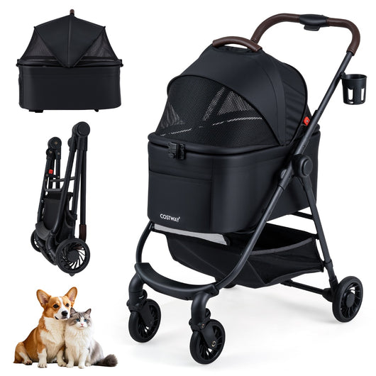 Passeggino animali domestici 3-in-1 portaprotetto tetto rete, Passeggino animali cesto portaoggetti sicurezza Nero-Giochi e accessori per cani