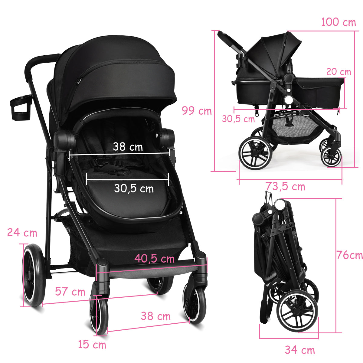 Passeggino per bambini con sedile reversibile e cappuccio regolabile, Passeggino 2 in 1 piegatura con una mano Nero-Passeggini per bimbi