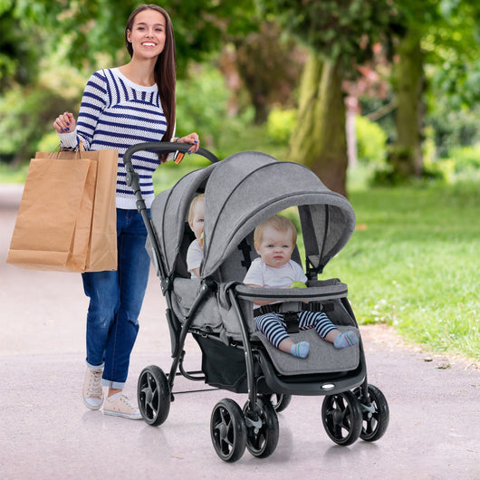 Passeggino doppio pieghevole per bambini con seduta in tandem e tettuccio, Passeggino portatile per bambini Grigio-Passeggini per bimbi
