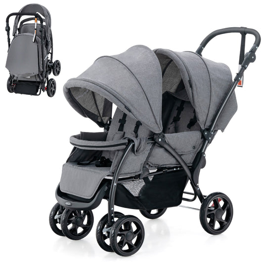 Passeggino doppio pieghevole per bambini con seduta in tandem e tettuccio, Passeggino portatile per bambini Grigio-Passeggini per bimbi