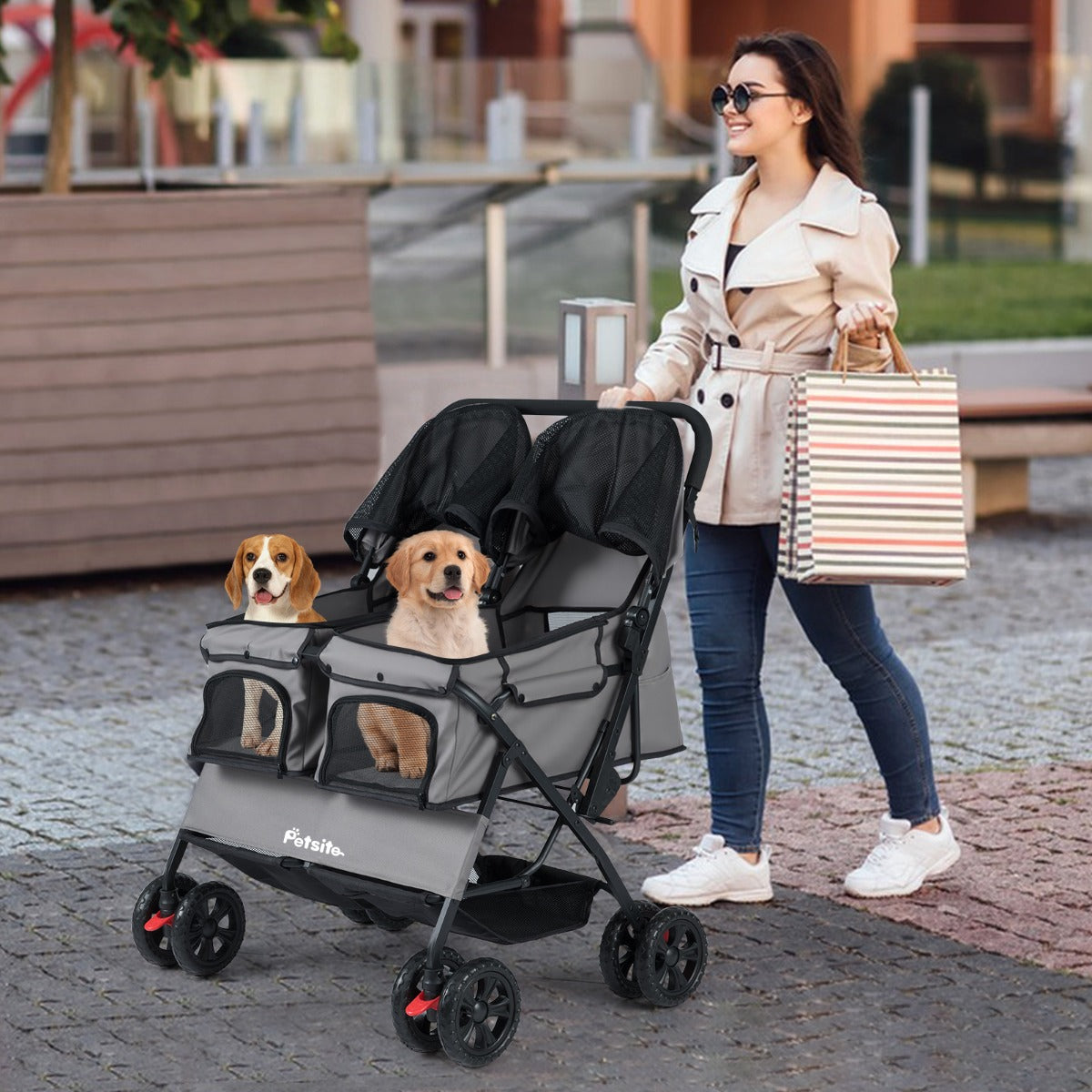 Passeggino doppio animali carrozzina 2 posti tettuccio regolabile, Passeggino doppio animali cuscino sicurezza Grigio-Giochi e accessori per cani