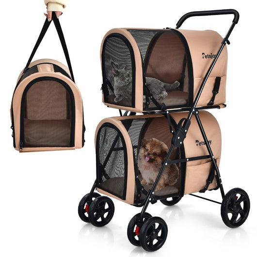 Passeggino a doppio livello multifunzionale per animali, Carrozzina pieghevole smontabile con 4 ruote Beige-Giochi e accessori per cani