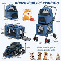 Passeggino per animali a 2 posti per 2 cani o gatti con 2 trasportini rimovibili-Passeggino 3 in 1 pieghevole per cani Blu