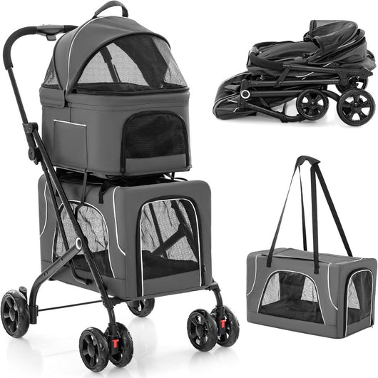 Passeggino per animali a 2 posti per 2 cani o gatti con 2 trasportini rimovibili-Passeggino 3 in 1 pieghevole per cani Grigio