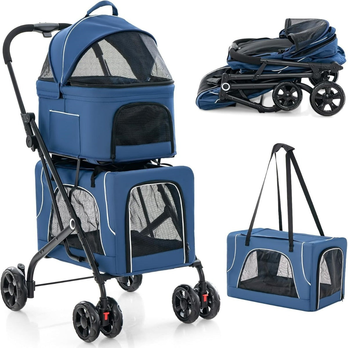 Passeggino per animali a 2 posti per 2 cani o gatti con 2 trasportini rimovibili-Passeggino 3 in 1 pieghevole per cani Blu