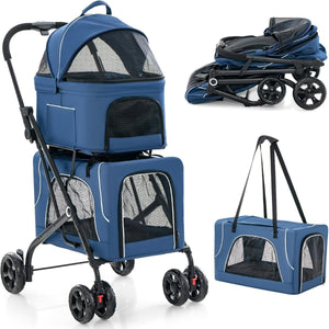 Passeggino per animali a 2 posti per 2 cani o gatti con 2 trasportini rimovibili-Passeggino 3 in 1 pieghevole per cani Blu