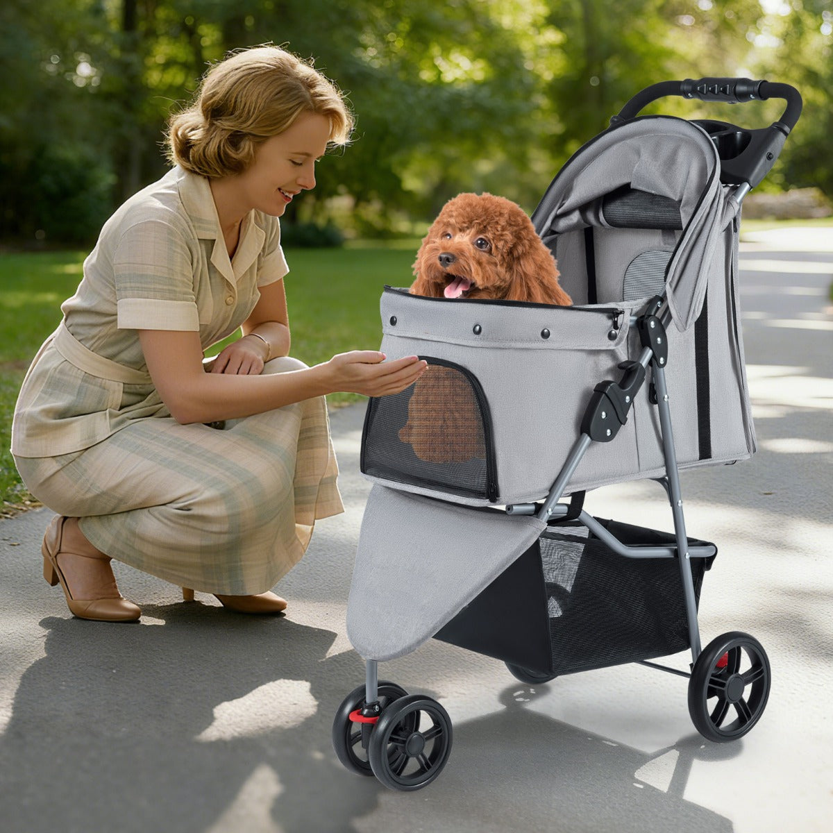 Passeggino per animali leggero con gatti e tetto regolabile pieghevole-Passeggino pieghevole per animali con portaoggetti Grigio