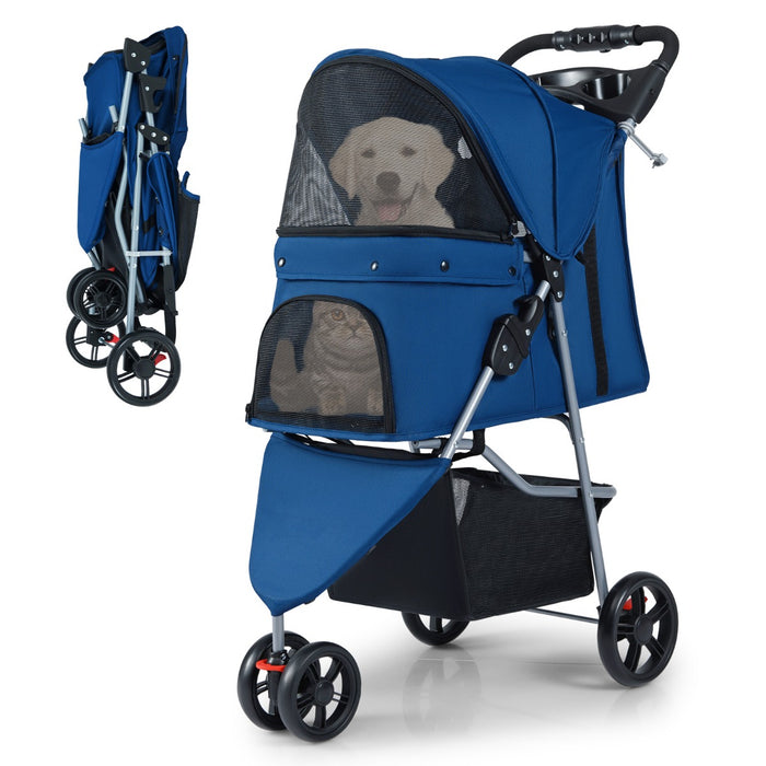 Passeggino per animali leggero con gatti e tetto regolabile pieghevole-Passeggino pieghevole per animali con portaoggetti Blu