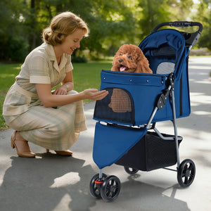 Passeggino per animali leggero con gatti e tetto regolabile pieghevole-Passeggino pieghevole per animali con portaoggetti Blu