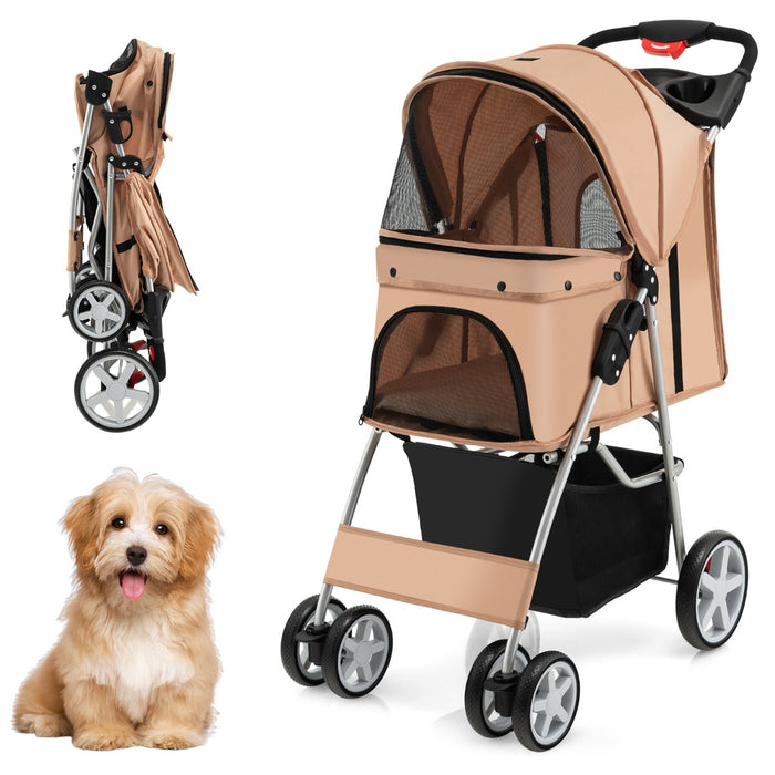 Passeggino per animali domestici a 4 ruote con cestino portaoggetti, Trasportino da viaggio portatile Beige-Giochi e accessori per cani