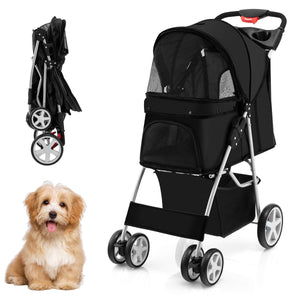 Passeggino per animali domestici a 4 ruote con cestino portaoggetti, Trasportino da viaggio portatile Nero-Giochi e accessori per cani