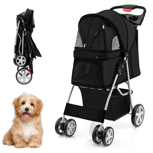Passeggino per animali domestici a 4 ruote con cestino portaoggetti, Trasportino da viaggio portatile Nero-Giochi e accessori per cani