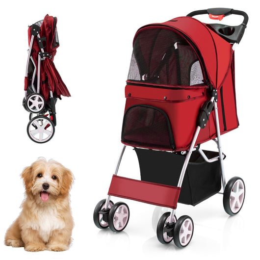 Passeggino per animali domestici a 4 ruote con cestino portaoggetti, Trasportino da viaggio portatile Rosso-Giochi e accessori per cani
