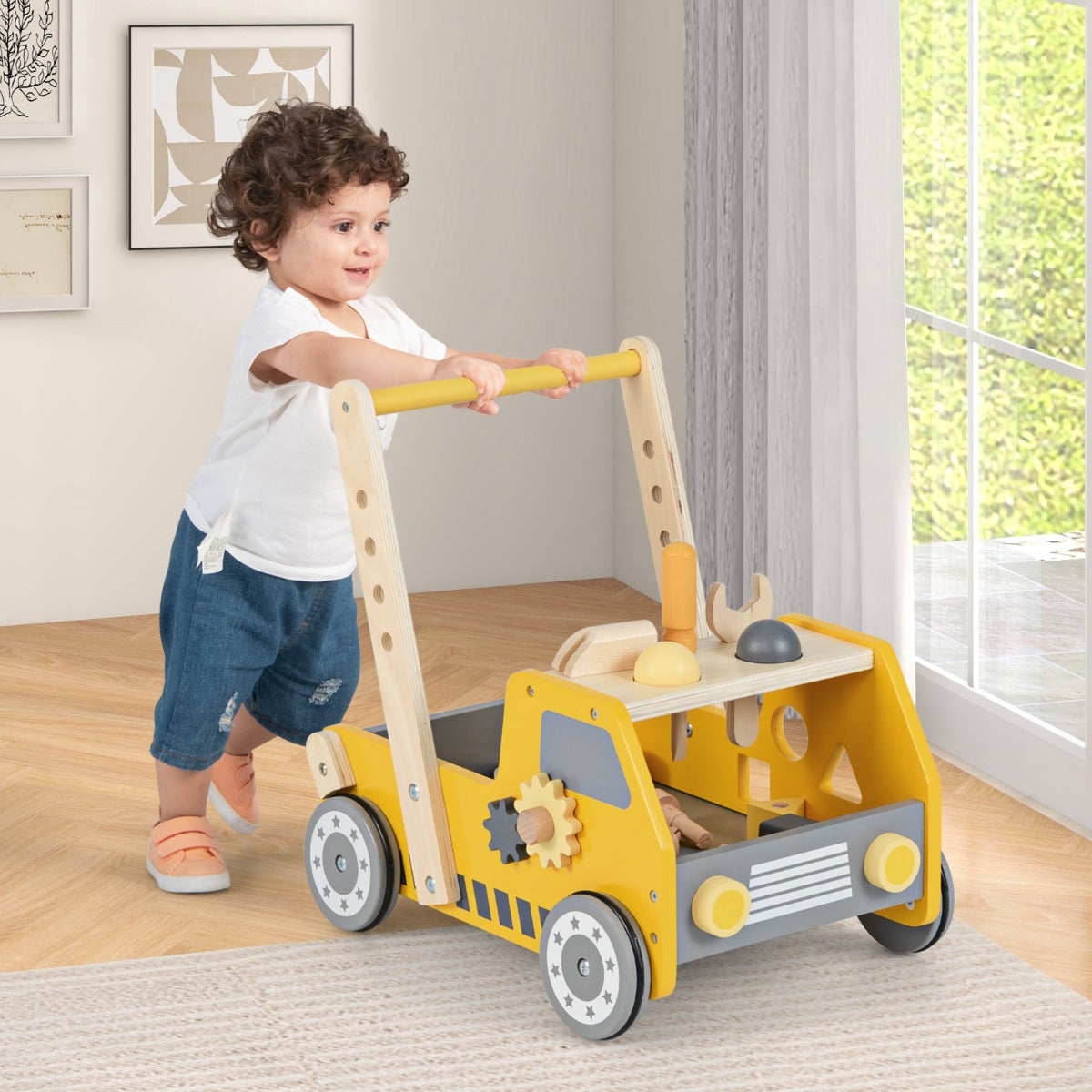Passeggino per bambini 2-in-1 con attrezzi regolabili e spazio di stoccaggio inferiore, Girello per bambini Giallo-Primi passi