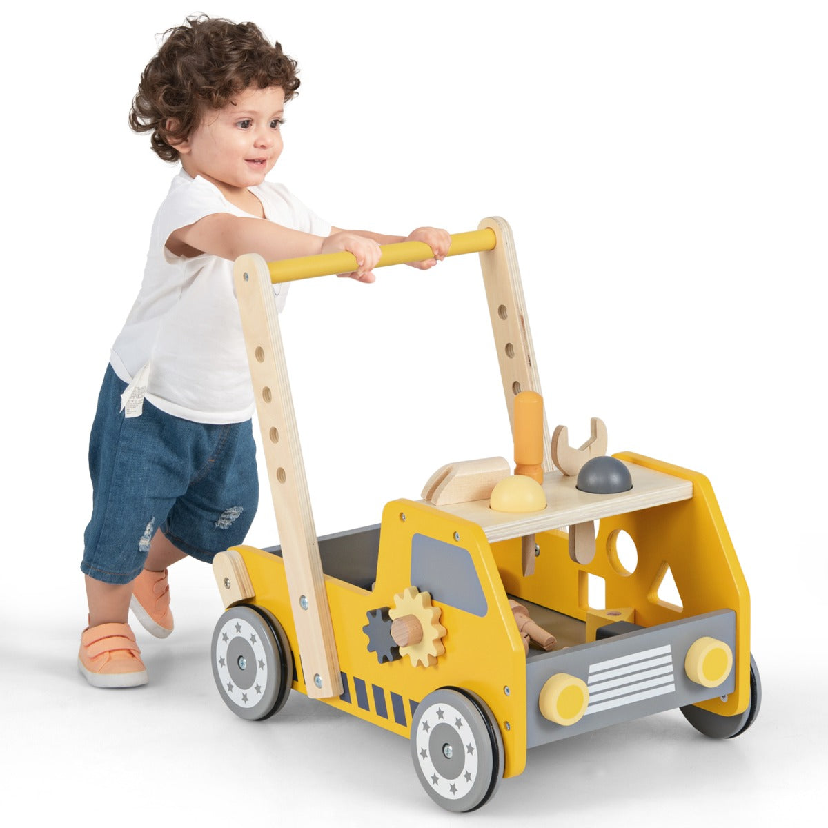 Passeggino per bambini 2-in-1 con attrezzi regolabili e spazio di stoccaggio inferiore, Girello per bambini Giallo-Primi passi