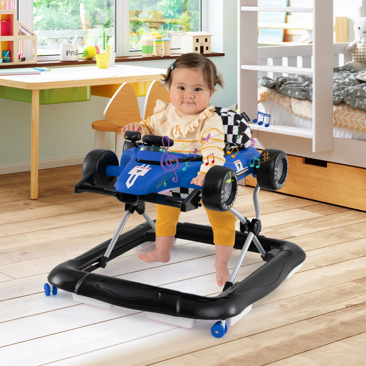 Passeggino 4-in-1 per bambini volante imbottito e scatola musicale, Centro attivit¨¤ con altezza regolabile a 3 livelli Blu-Passeggini per bimbi