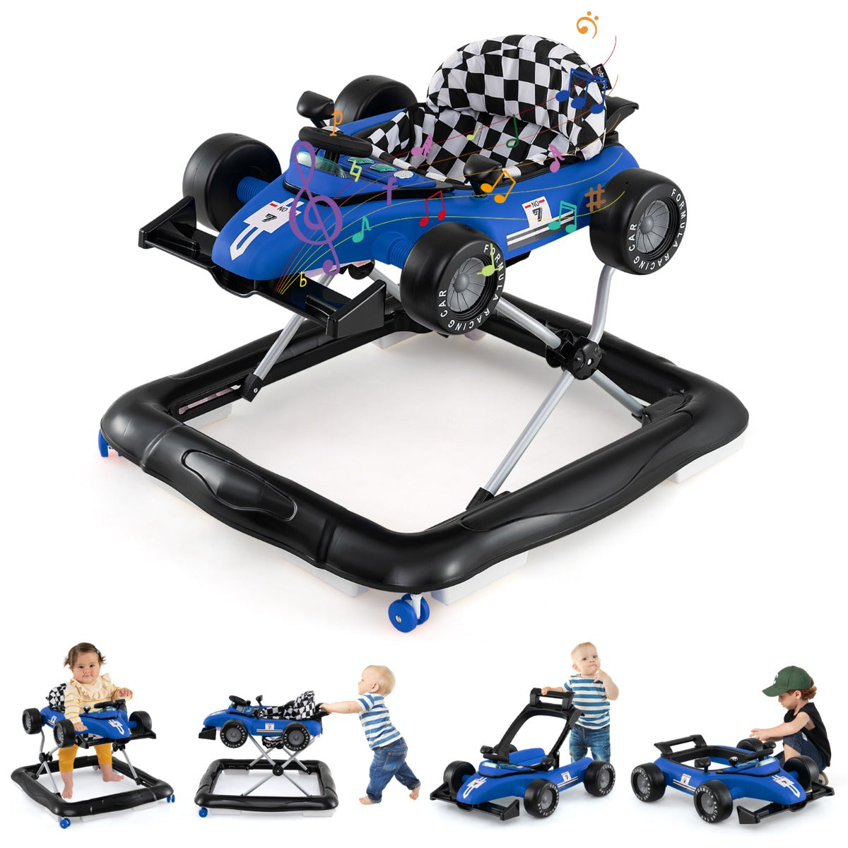 Passeggino 4-in-1 per bambini volante imbottito e scatola musicale, Centro attivit¨¤ con altezza regolabile a 3 livelli Blu-Passeggini per bimbi