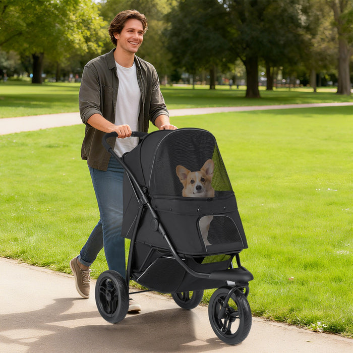 Passeggino a 3 ruote per cani piccoli e medi pieghevole per gatti, Passegginocon freno a pedale singolo Nero-Giochi e accessori per cani