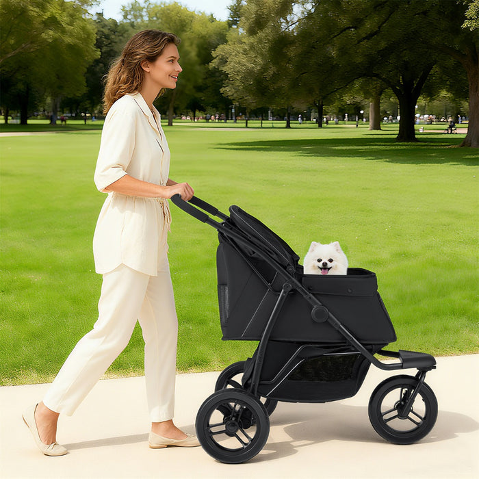 Passeggino a 3 ruote per cani piccoli e medi pieghevole per gatti, Passegginocon freno a pedale singolo Nero-Giochi e accessori per cani