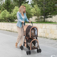 Passeggino pieghevole per animali a doppio livello con 4 ruote, Passeggino 4 in 1 per cani e gatti Beige-Giochi e accessori per cani