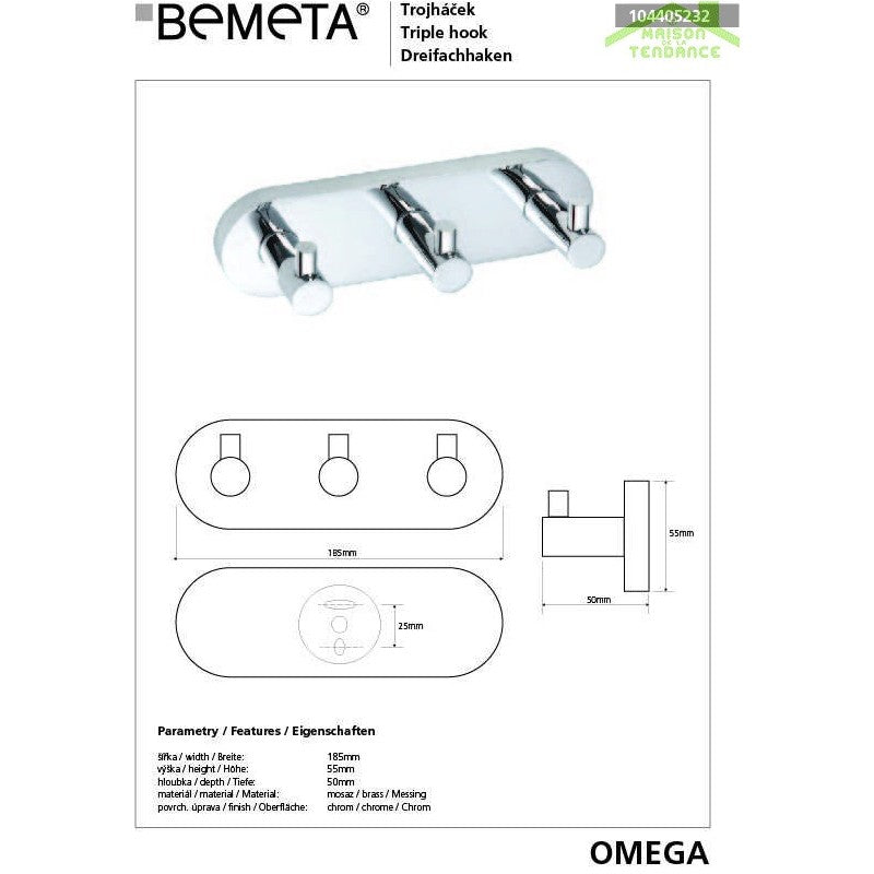 Gancio appendiabiti triplo OMEGA in ottone cromato 18,5x5x5 cm