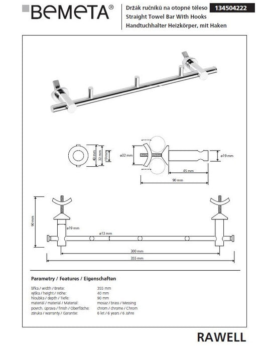 RAWELL gancio 3 ganci in cromo per radiatore 35,5x4x9 cm