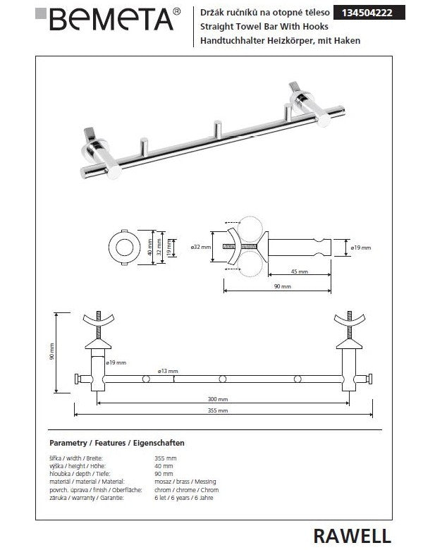 RAWELL gancio 3 ganci in cromo per radiatore 35,5x4x9 cm