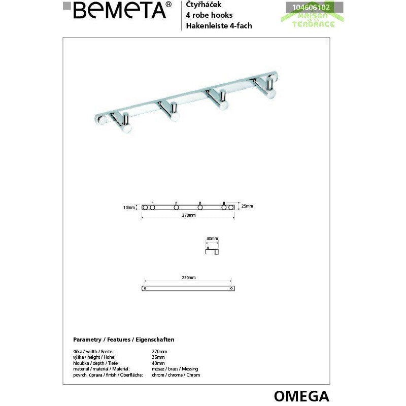 Appendiabiti quadruplo OMEGA ottone cromato 27x2,5x4cm