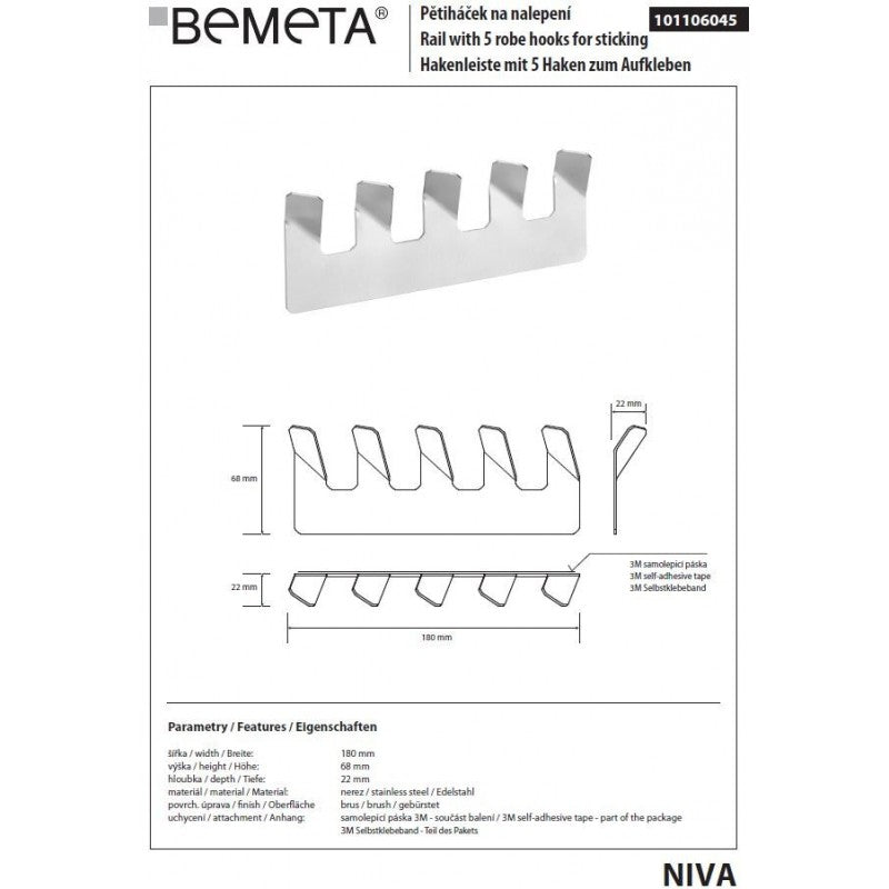 Gancio a gancio NIVA a 5 ganci in acciaio inox con adesivo 27 x5,7 x8 cm