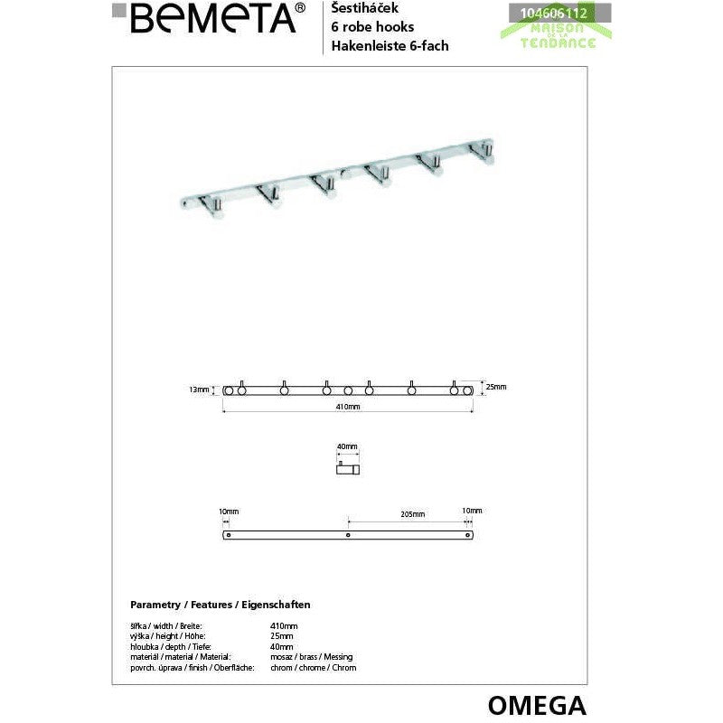 Gancio OMEGA 6 ganci ottone cromato 41x2,5x4cm