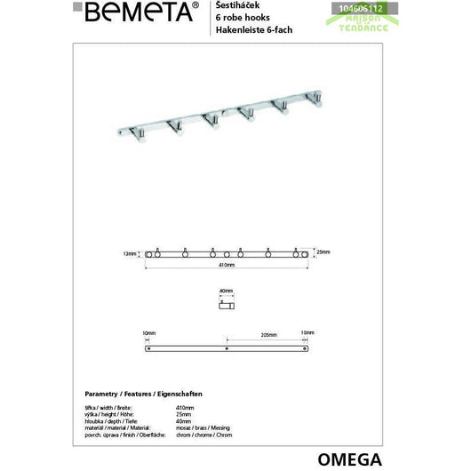 Gancio OMEGA 6 ganci ottone cromato 41x2,5x4cm