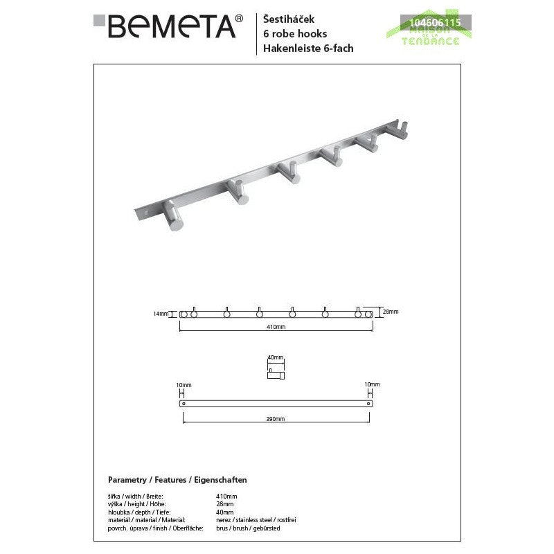 NEO gancio a 6 ganci in acciaio inox 41 x2,8 x4 cm