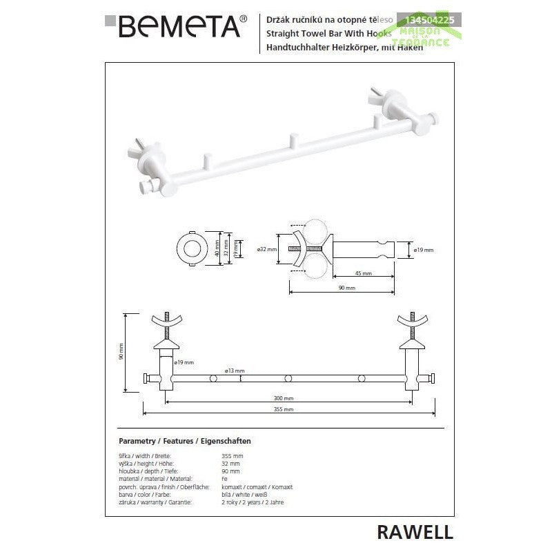 RAWELL 3 ganci gancio bianco per radiatore 35,5x4x9 cm