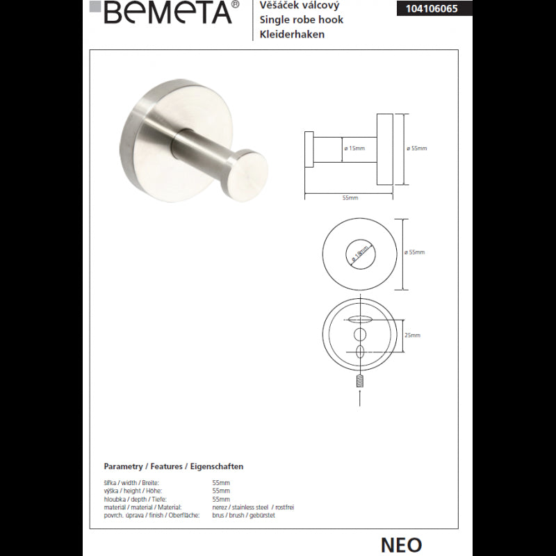 NEO Appendiabiti Cilindrico in Acciaio Inox 5,5x5,5x6cm