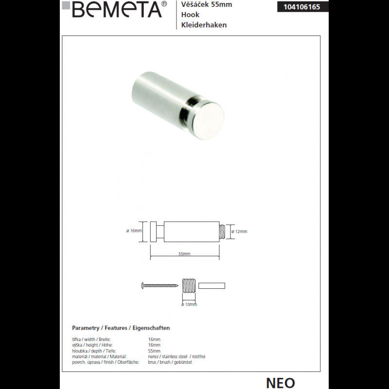 NEO Appendiabiti in acciaio inox 5cm Ø1.6cm