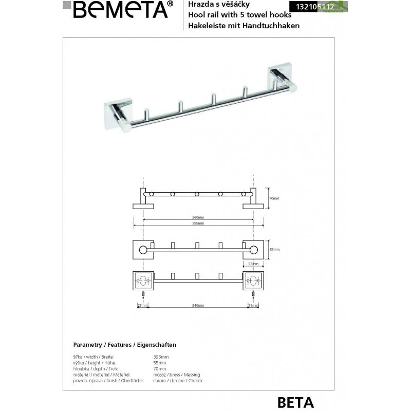 Gancio doccia BETA 5 ganci in ottone cromato 39,5cm x 5,5cm x 7cm