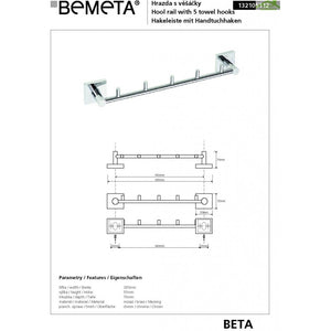 Gancio doccia BETA 5 ganci in ottone cromato 39,5cm x 5,5cm x 7cm