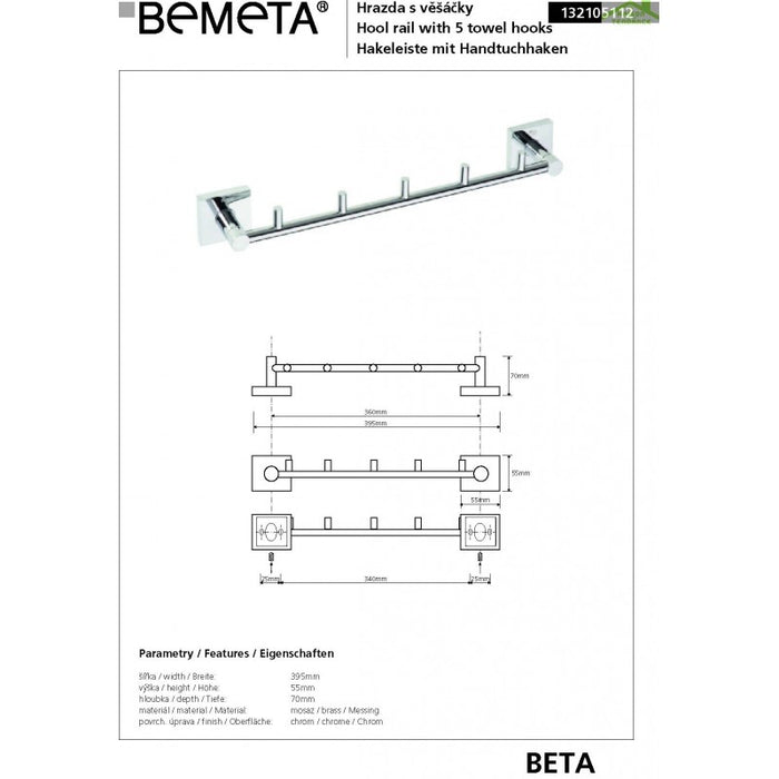 Gancio doccia BETA 5 ganci in ottone cromato 39,5cm x 5,5cm x 7cm