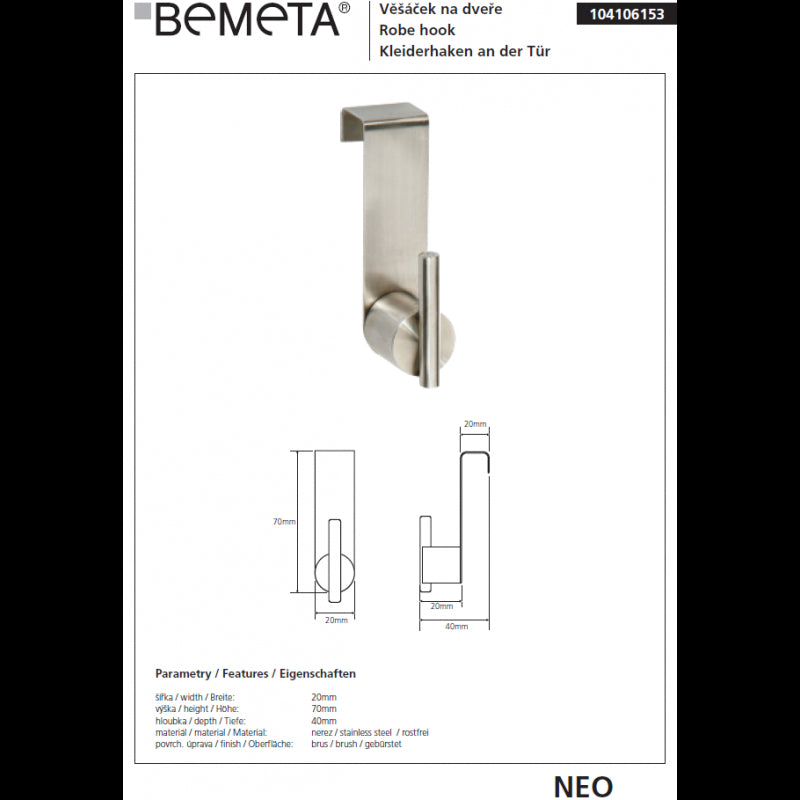 Gancio porta NEO in acciaio inox opaco 7x2x4cm