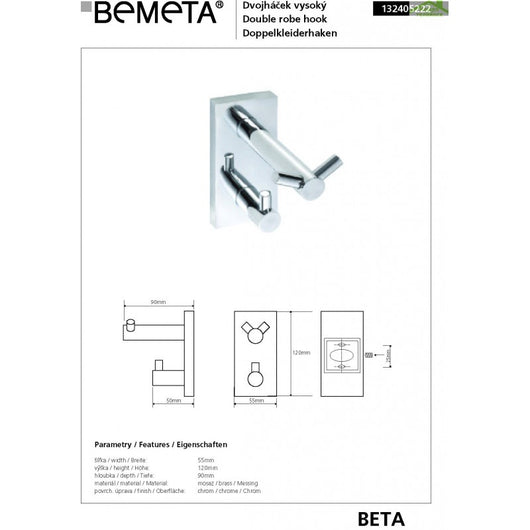 Appendiabiti BETA doppio ottone cromato 5,5cm x 12cm x9cm