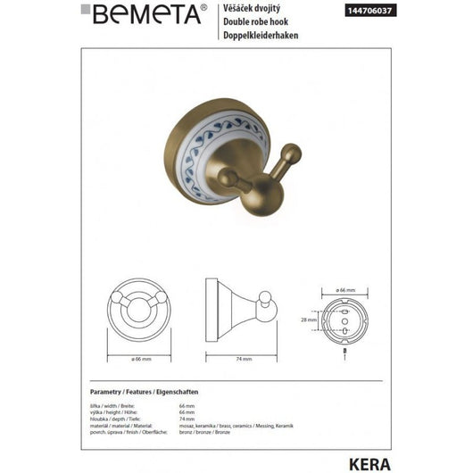 Appendiabiti doppio KERA in ottone e ceramica 6,6 x6,6 x7,4 cm