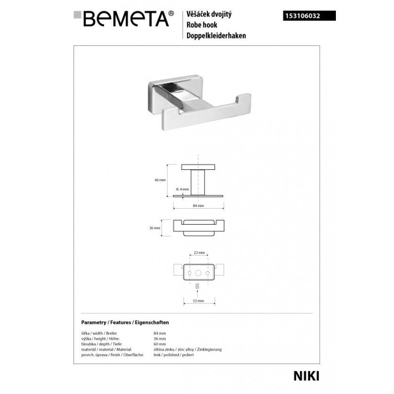 NIKI Gancio doccia doppio a parete in zinco 8,4 x6 x3,6 cm