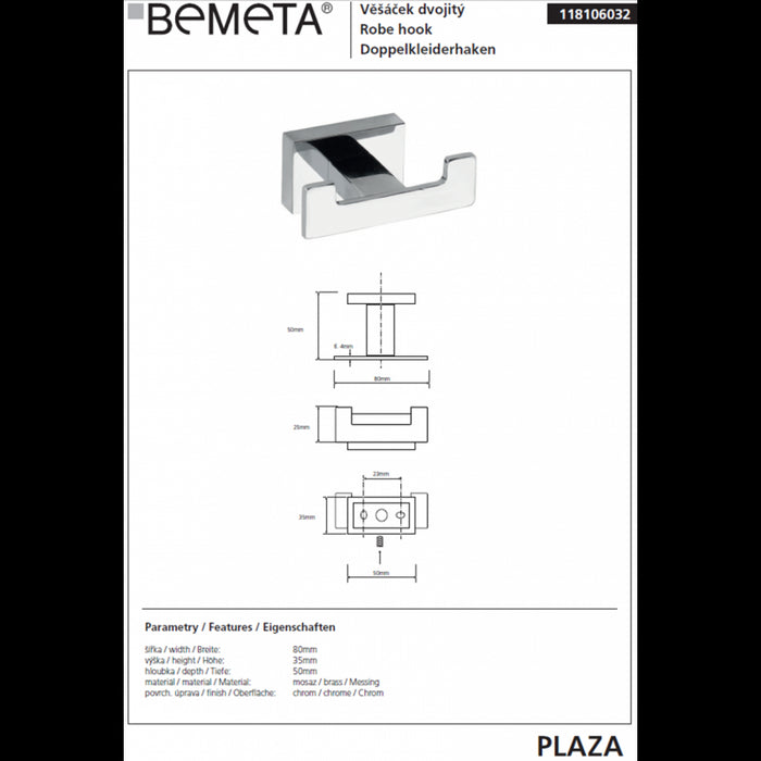 PLAZA gancio da parete doppio cromato 3,5x8x5 cm