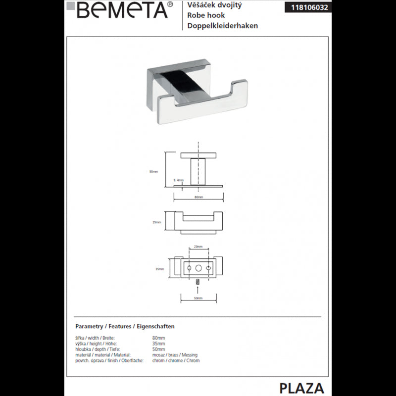 PLAZA gancio da parete doppio cromato 3,5x8x5 cm