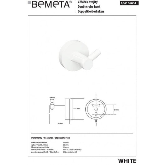 Gancio da parete doppio BIANCO in ottone bianco 5,5cm