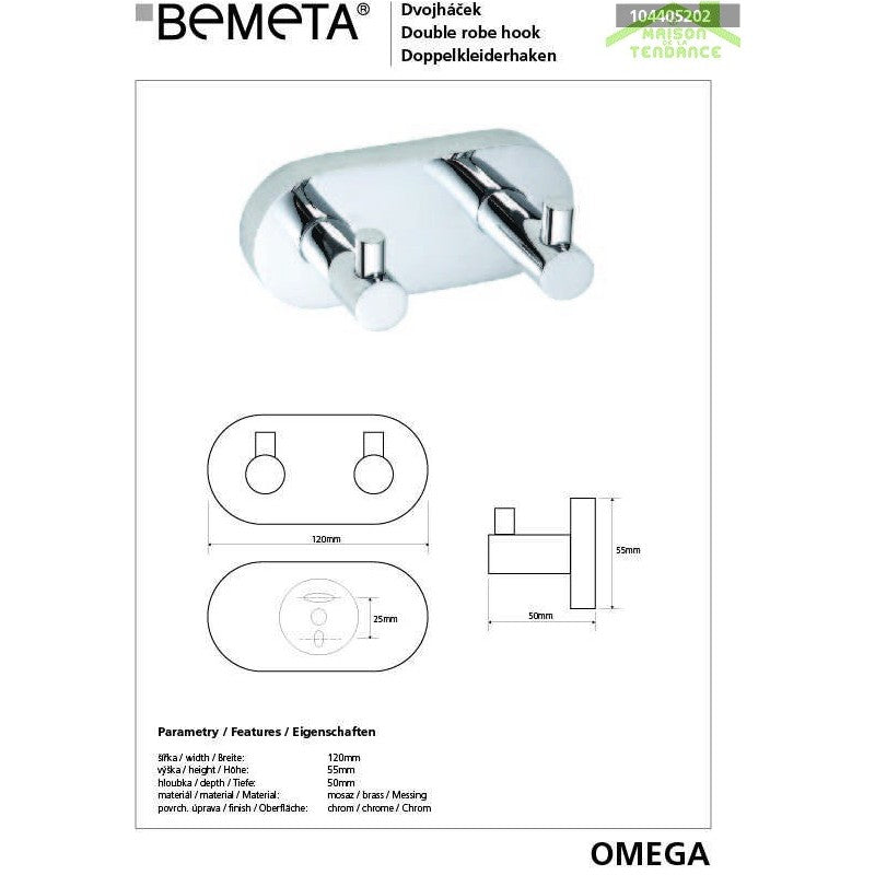 Appendiabiti doppio OMEGA ottone cromato 12x5,5x5cm