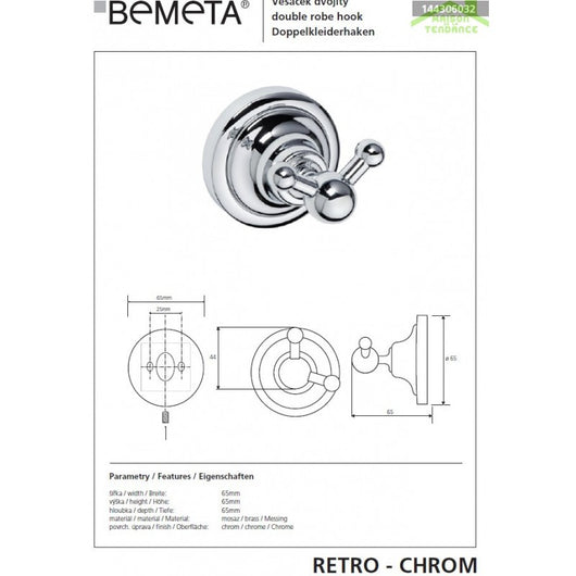 Appendiabiti doppio RETRO in ottone cromato 6,5x6,5x6,5 cm